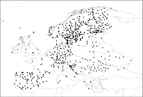 ECA&D stations with less than 5% of missing data for precipitation and temperatures